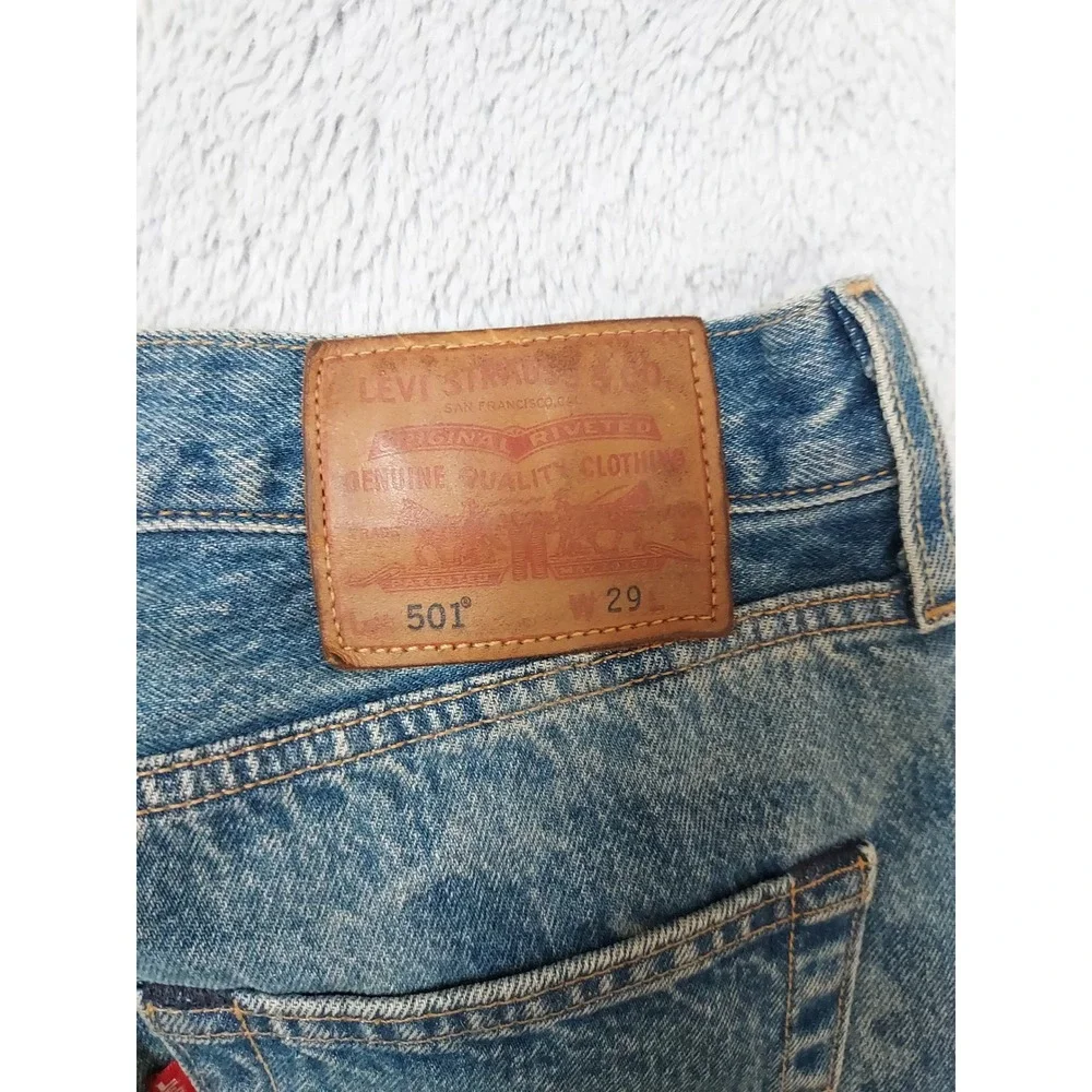 Levis 501 Shorts Mens 29 Premium Denim Camo Print Blue Button Fly Frayed Hem